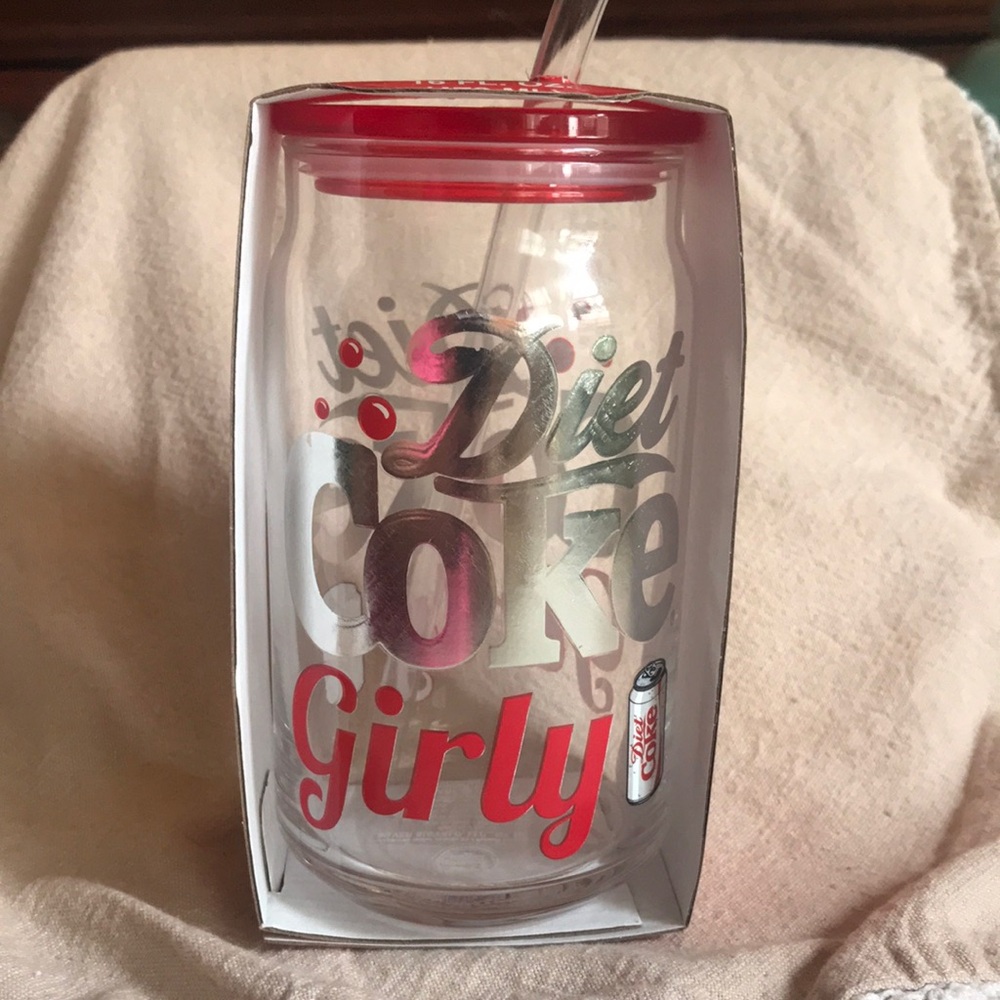 NWT~ Diet Coke Glass Tumbler with Red Lid and Glass Straw